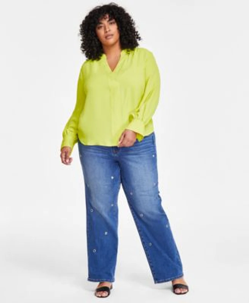 Vince Camuto Plus Size Split Neck Blouson Sleeve Shirt Grommet Embellished Wide Leg Jeans