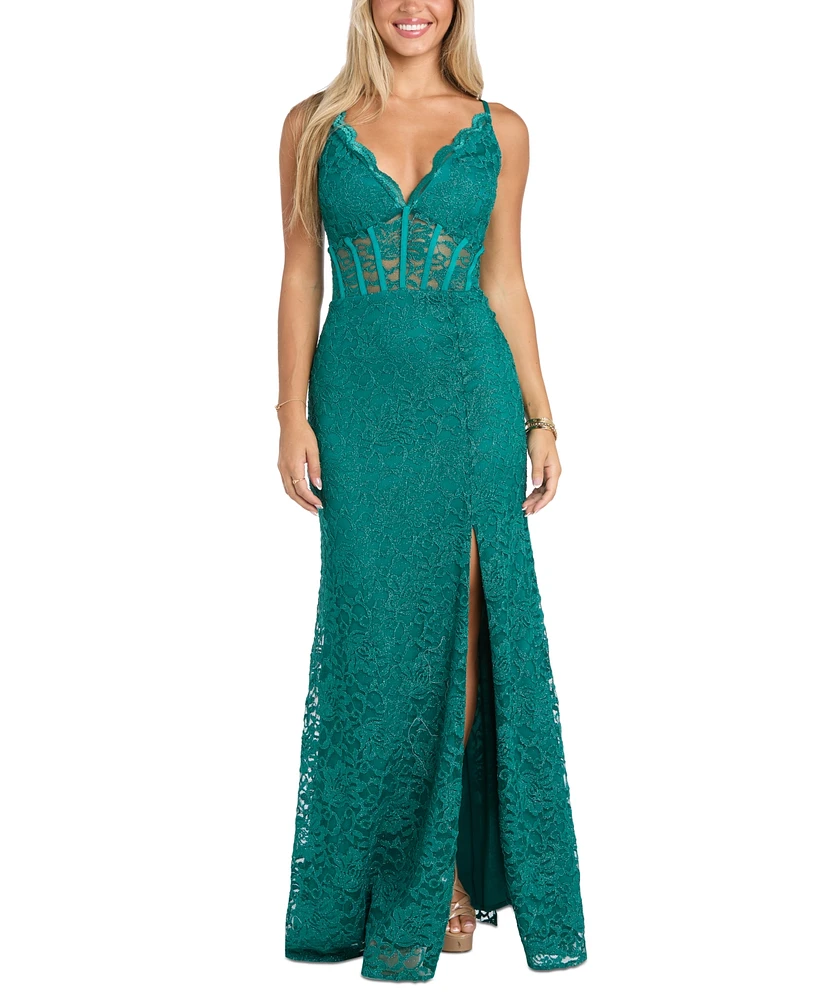 Morgan & Company Juniors' Glitter Scallop Lace Corset Gown