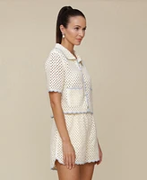 Avec Les Filles Women's Scallop Crochet Short Sleeve Cardigan