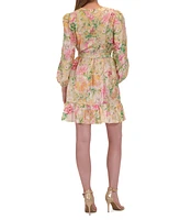 julia jordan Women's Printed Puff-Sleeve Keyhole Dress