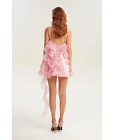 Milla Women's Romantic Ruffled Pink Mini Dress With Rose Appliques, Garden Of Eden