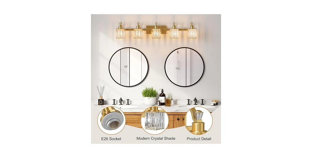 gaomon Bathroom Vanity Light Fixtures Over Mirror,5 Light Modern Crystal Wall Lighting with Square Shade