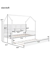 Slickblue Wooden Twin Size House Bed with Trundle and Shelf for Kids