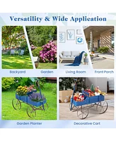 Sugift Wooden Wagon Plant Bed with Metal Wheels for Garden Yard Patio-Blue