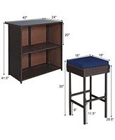 Sugift 3 Pieces Patio Rattan Wicker Bar Table Stools Dining Set-Navy & Off White