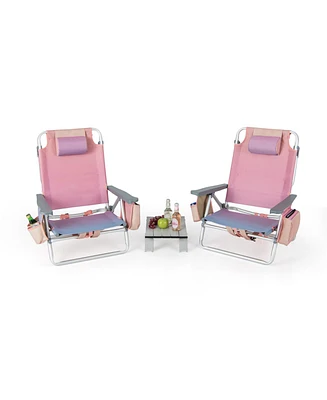 Sugift 2 Packs 5-Position Outdoor Folding Backpack Beach Table Chair Reclining Chair Set-Pink