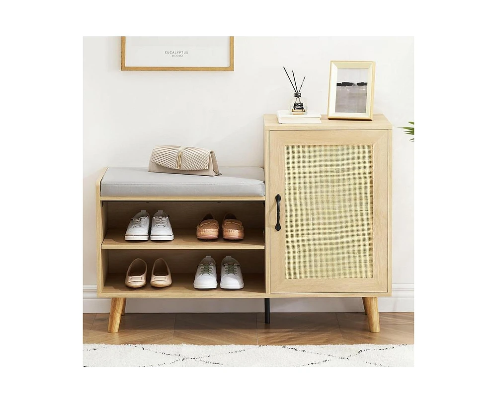 gaomon Rattan Shoe Storage Bench, Modern Shoe Storage Cabinet with Cushion and Adjustable Shelves, Narrow Shoe Organizer with Cabinet for Entryway, Ha