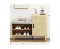 gaomon Rattan Shoe Storage Bench, Modern Shoe Storage Cabinet with Cushion and Adjustable Shelves, Narrow Shoe Organizer with Cabinet for Entryway, Ha