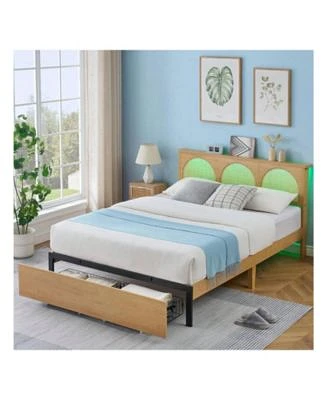 Gaomon Queen Size Bed Frame With Natural Rattan Headboard With Natural Rattan Headboard 2 Storage Drawers With Led Metal Platform Boho Cane Platform Bed Frame King Size