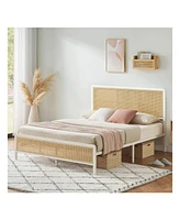 gaomon Rattan Bed Frame With Headboard And Footboard, Heavy Duty Metal Platform Bed Frame With Storage, Easy Assembly, No Box Spring Needed, Mattress
