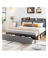 gaomon King Size Bed Frame With 2 Drawers And Shelf Headboard, Charging Station With Usb Port & Outlets, Upholstered Heavy Duty Platform Bed Frame Wit