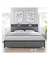 gaomon Full/Queen/King Size Bed Frame With 2 Drawers And Shelf Headboard, Charging Station With Usb Port & Outlets, Upholstered Heavy Duty Platform Be