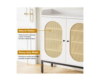 gaomon Shoe Cabinet with 3 Rattan Doors, Freestanding Shoe Storage Organizer with Adjustable Shelves, 7