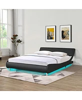 gaomon Queen Upholstered Platform Bed Frame With Led Lights,Curve Design Faux Leather Upholstered Platform Bed,Wood Slat Support, No Box Spring Needed