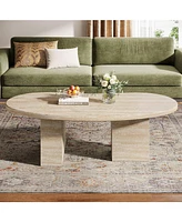 Tribesigns 45.28" Oval Coffee Table for Living Room, Large Modern Coffee Table, All-Wood Center Table with Asymmetric Pedestal Legs, Oak