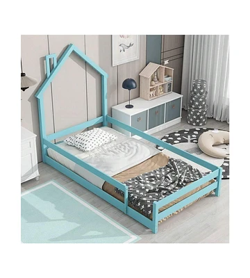 gaomon Pine Wood Floor Bed Frame With House Shaped Headboard Full-Length Guardrails Twin Size For Toddler Kids Girls Boys