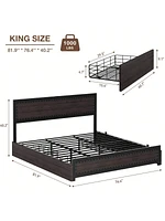 gaomon Full/Queen/King Bed Frame With Headboard,Industrial Platform 4 Storage Drawers And Charge Station,Strong Metal Slats Suppor