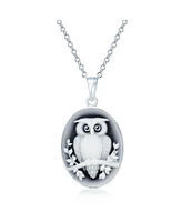 Bling Jewelry Black Carved Oval Branch Small Owl Cameo Pendant Necklace For Women .925 Sterling Silver