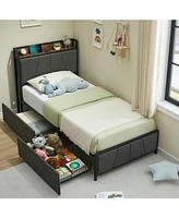 gaomon Bed Frame With Storage Headboard And 2 Drawers, Linen Upholstered Platform Bed Frame With Charging Station, Heavy Duty, No Box Spring Needed