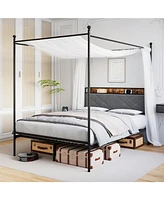 gaomon Queen Size Canopy Bed Frame With Charging Station, Metal Bed Frame With Padded Headboard And 4" Storage Platform,11" Of Under Bed Space, No Box