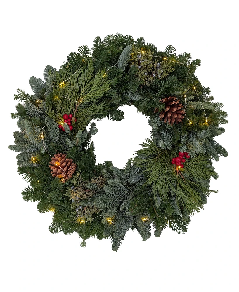 International Christmas Innovation Traditional Noble Fir Fresh Wreath with Warm Lights, 22"