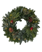 International Christmas Innovation Traditional Noble Fir Fresh Wreath with Warm Lights, 22"