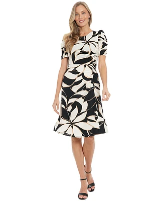 London Times Petite Printed Round-Neck Ruched A-Line Dress