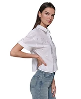 Karl Lagerfeld Paris Women's Embellished Poplin Button-Front Top