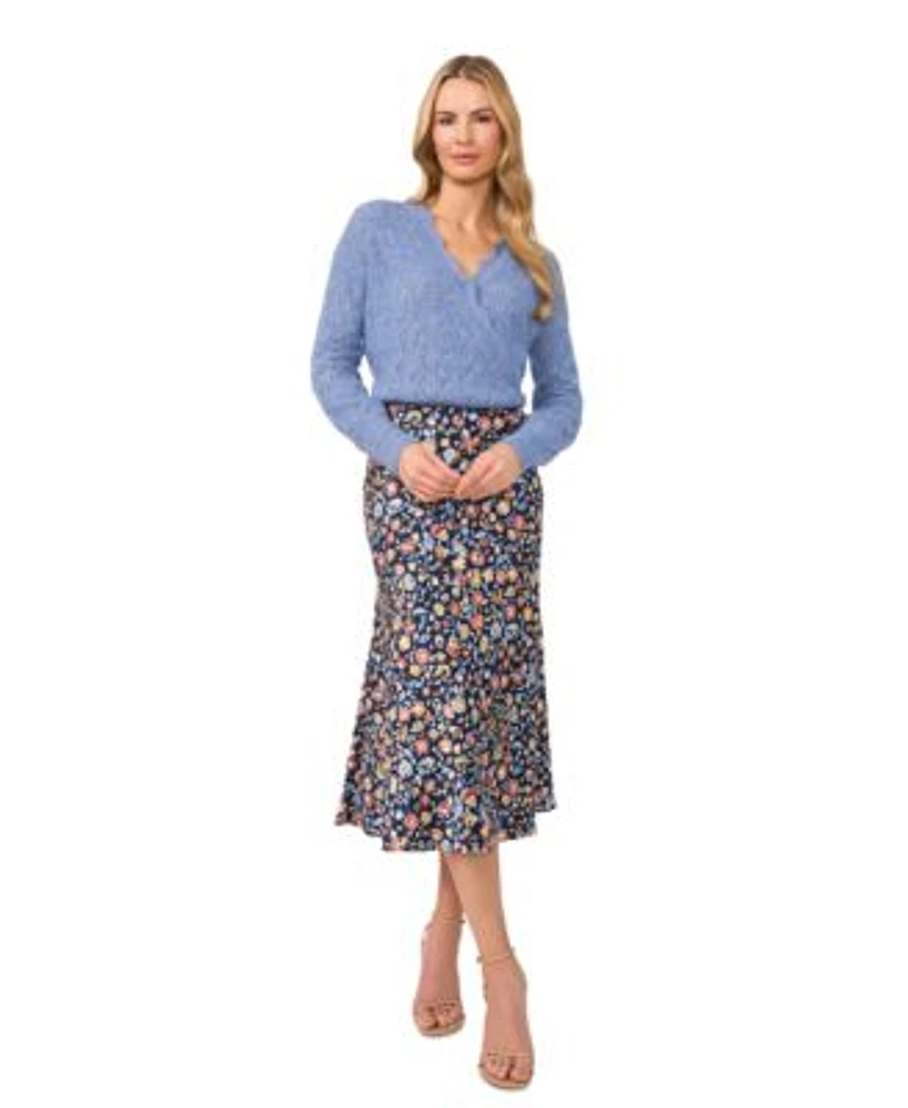 Cece Womens Pointelle Knit Wrap Sweater Floral Print Midi Skirt