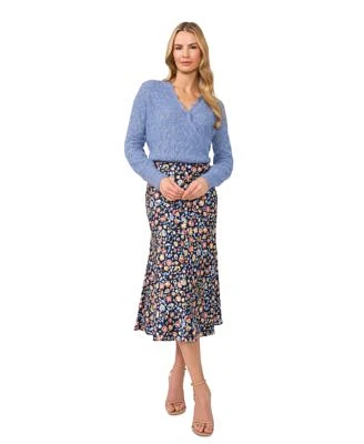 Cece Womens Pointelle Knit Wrap Sweater Floral Print Midi Skirt