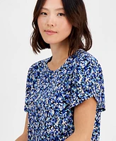 Ak Anne Klein Petite Gathered-Tulip Short-Sleeve Printed Top