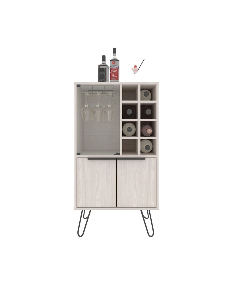 Depot E-Shop Lutak Bar Cabinet with 2 Doors, 9 Shelves, and 1 Glass Panel, White Washed Oak