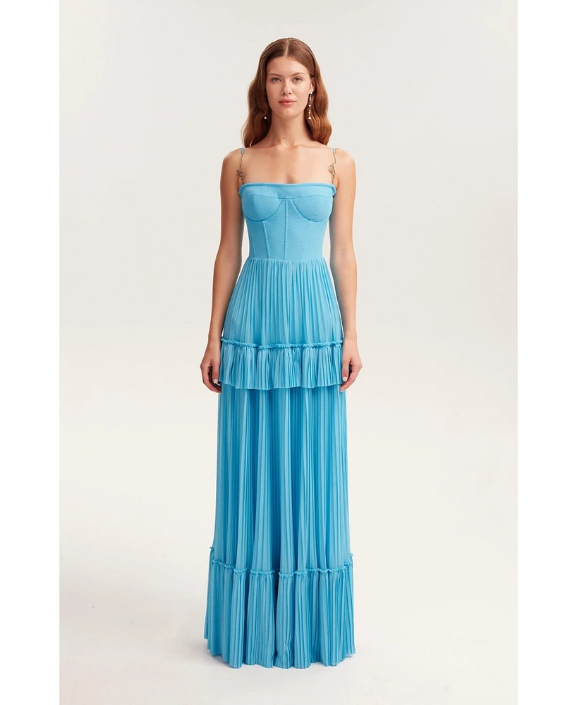 Milla Women's Sky-Blue Spaghetti Strap Pleated Maxi Dress, Garden Of Eden