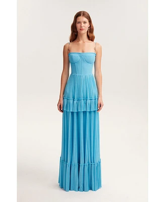 Milla Women's Sky-Blue Spaghetti Strap Pleated Maxi Dress, Garden Of Eden