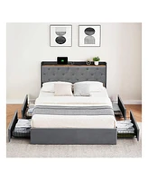 gaomon Upholstered Bed Frame With Charging Station Headboard & 4 Storage Drawers, Platform Bed Frame Mattress Foundation With Wooden Slats Support