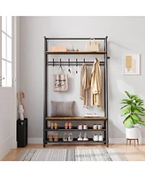 gaomon Industrial Rustic 4-in-1 Hall Tree Bench with Shoe Rack, Storage Shelf, and 5 C-Shaped Hooks in Brown & Black