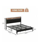gaomon Full/Queen/King Size Bed Frame With Charging Station, Led Bed Frame With Storage Headboard, Upholstered Platform Bed Frame