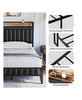 gaomon Full/Queen/King Size Bed Frame With Charging Station, Led Bed Frame With Storage Headboard, Upholstered Platform Bed Frame