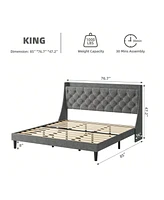 gaomon Queen/King Size Bed Frame With Upholstered Wingback Headboard, Luxurious Linen Upholstery Platform Bed With Charging Station