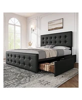Bed Frame,With 4 Storage Drawers And Headboard, Linen Upholstered Platform Frame With Wooden Slats Support, Button Tufted Design
