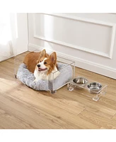 The Licker Store Billie Small Modern Lucite Pet Bed with Washable Cushion & 4" Elevated Feeder with 27 oz Stainless Steel Bowls.
