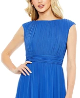 Women's Pleated Bateau Cap Sleeve A Line Gown