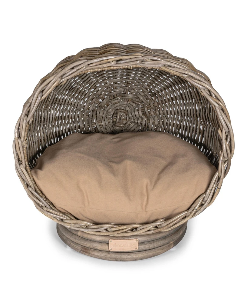 The Licker Store Socket Dome 19.5" x 17" Bohemian Handwoven Rattan Cat Bed with Machine-Washable Cushion