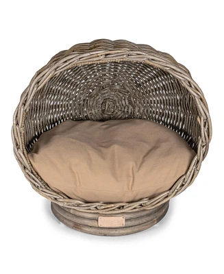 The Licker Store Socket Dome 19.5" x 17" Bohemian Handwoven Rattan Cat Bed with Machine-Washable Cushion