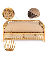 The Licker Store Elevated Bohemian Handwoven Rattan Dog Daybed with Machine-Washable Cushion