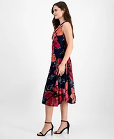 Robbie Bee Petite Floral Cowlneck Asymmetric-Hem Midi Dress