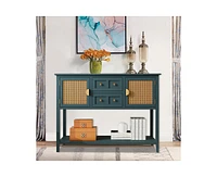 gaomon Rattan Entryway Table Console Table with Drawers, Narrow Farmhouse Sofa Table with Cabinet Storage, Long Behind Couch Table for Living Room