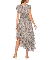 Vince Camuto Women's Printed Asymmetrical-Hem Flutter Sleeve Midi Dress