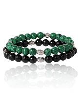 Lucky Brand Black and Green Beaded Stretch Bracelets - Two-Piece Natural Stone Set for Men