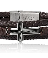 Lucky Brand Braided Leather Bracelet with Cross - Brown Leather Wrap Bracelet for Men